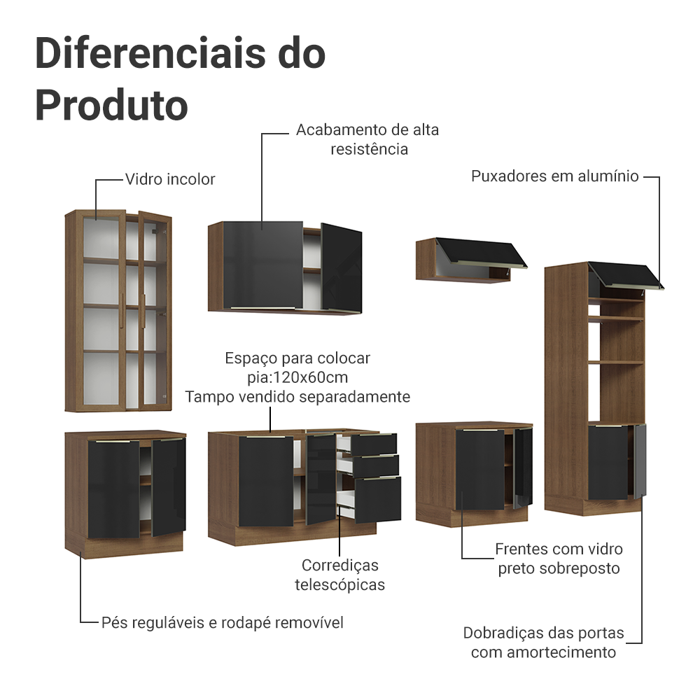 Armário de Cozinha Completa 340 x 60 cm Rustic/Preto Lux Madesa 02