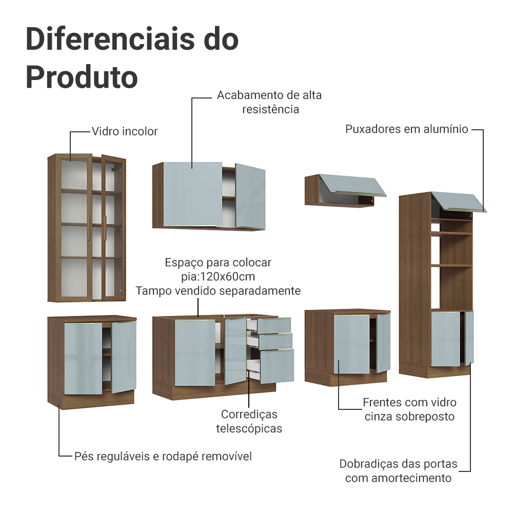 Armário de Cozinha Completa 340 x 60 cm Rustic/Cinza Lux Madesa 02