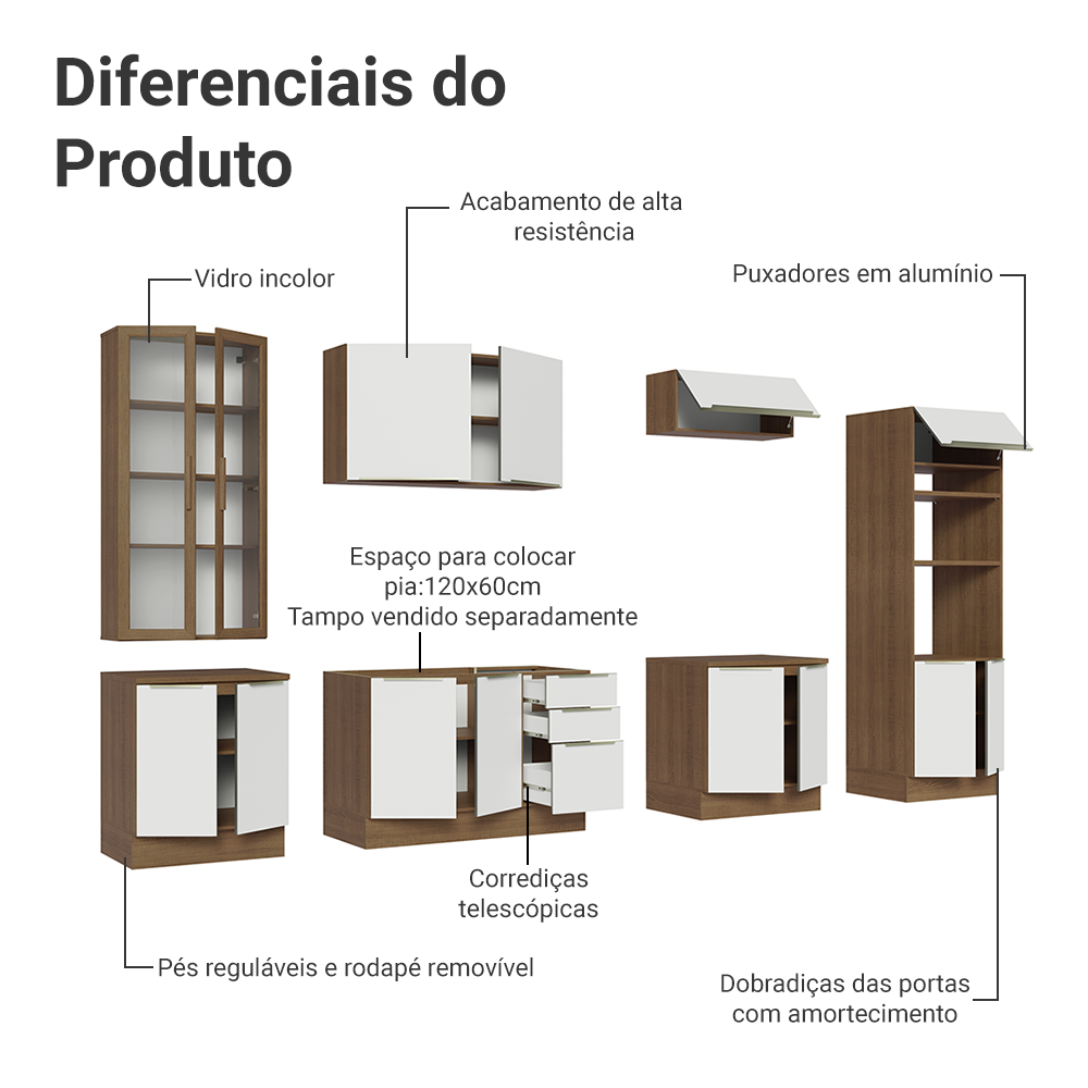 Armário de Cozinha Completa 340 x 60 cm Rustic/Branco Veludo Lux Madesa 02