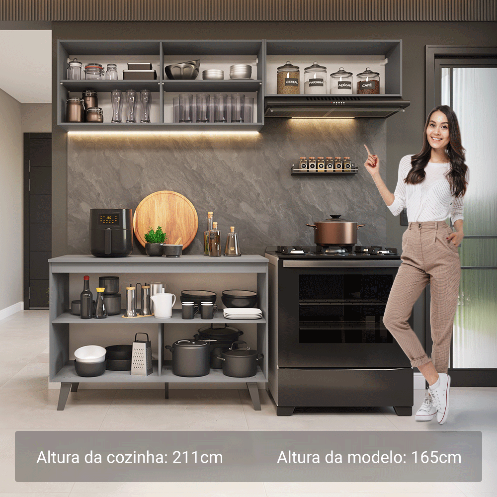 Armário de Cozinha Compacta 200cm Cinza Nice Madesa 01