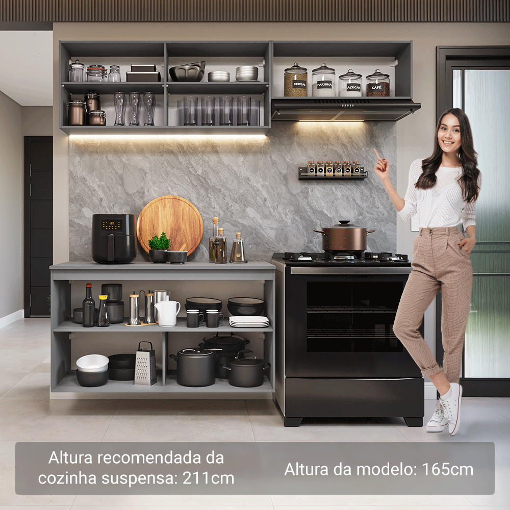 Armário de Cozinha Compacta Suspenso 200cm Cinza Nice Madesa 02