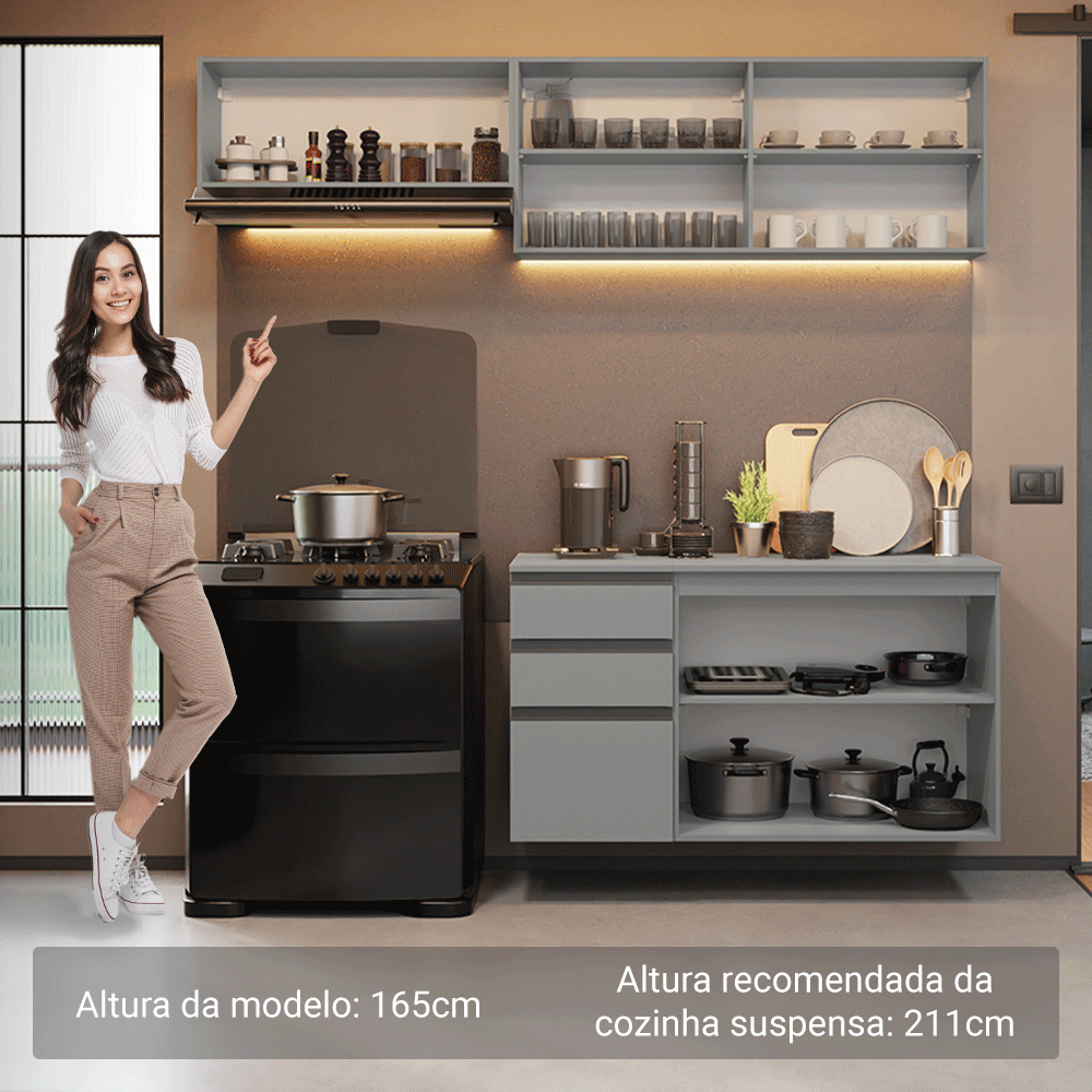 Armário de Cozinha Compacta Suspenso 200cm Cinza Nice Madesa 05