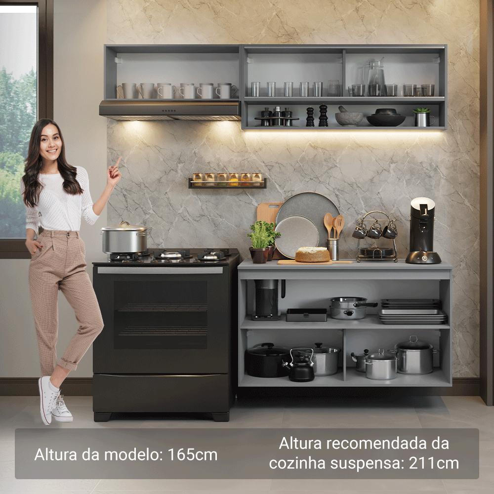 Armário de Cozinha Compacta Suspenso 200cm Cinza Nice Madesa 08