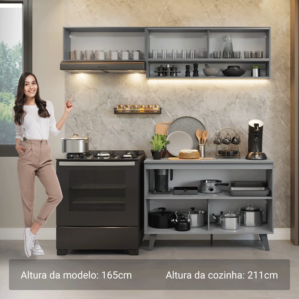 Armário de Cozinha Compacta 200cm Cinza Nice Madesa 09