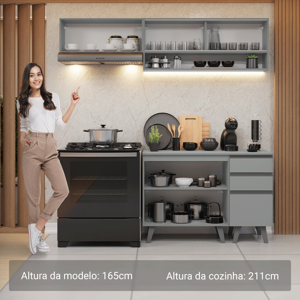 Armário de Cozinha Compacta 200cm Cinza Nice Madesa 14