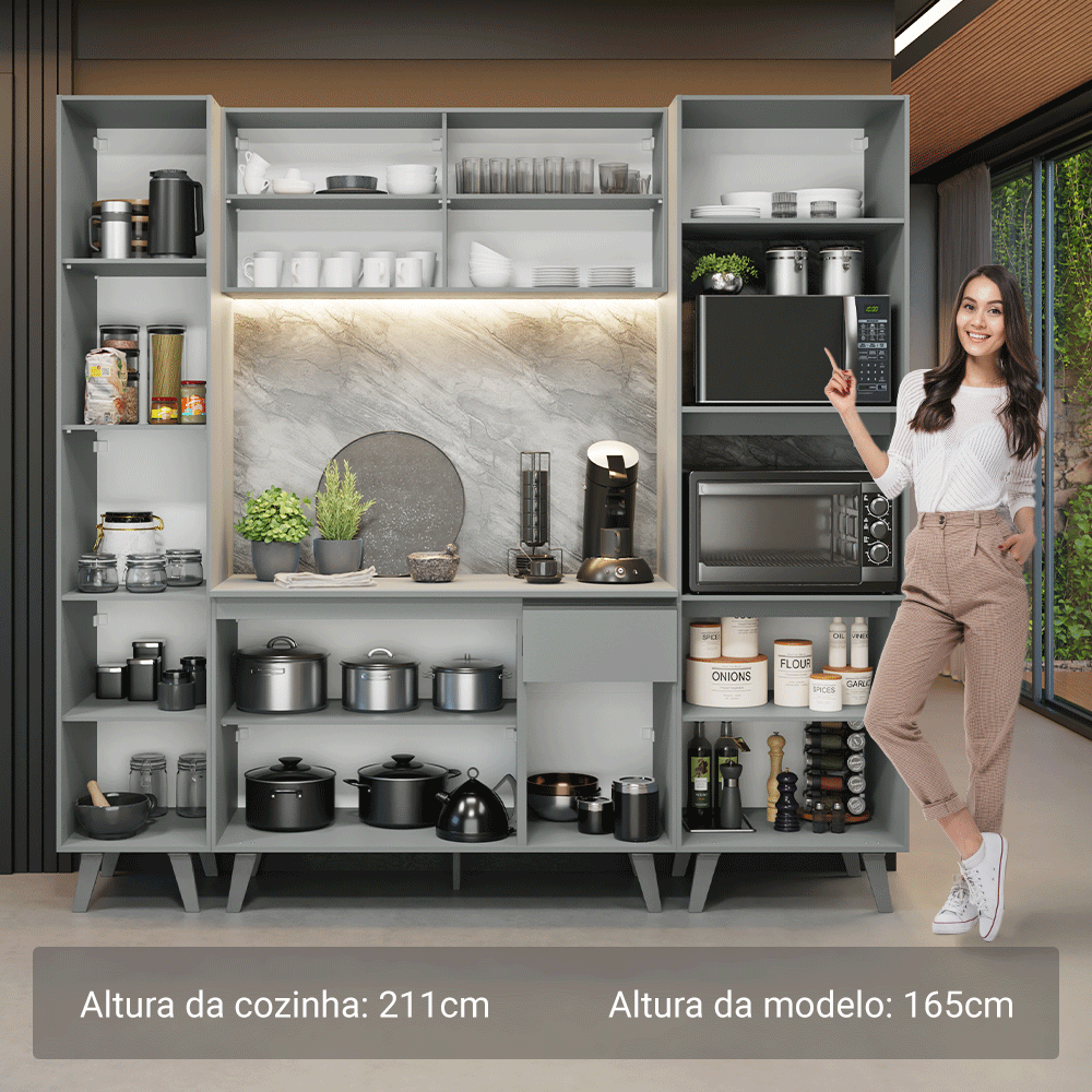 Armário de Cozinha Completa 220cm Cinza Nice Madesa 05