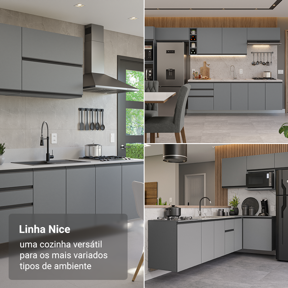 Armário de Cozinha Completa 240 cm Suspensa Cinza Nice Madesa 09