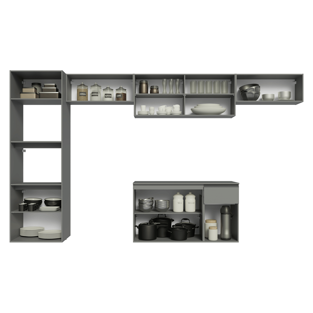 Armário de Cozinha Completa 340cm Suspensa Cinza Nice Madesa 02