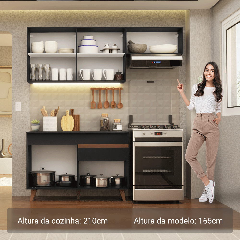 Armário de Cozinha Compacta 190cm Preto Reims Madesa 04