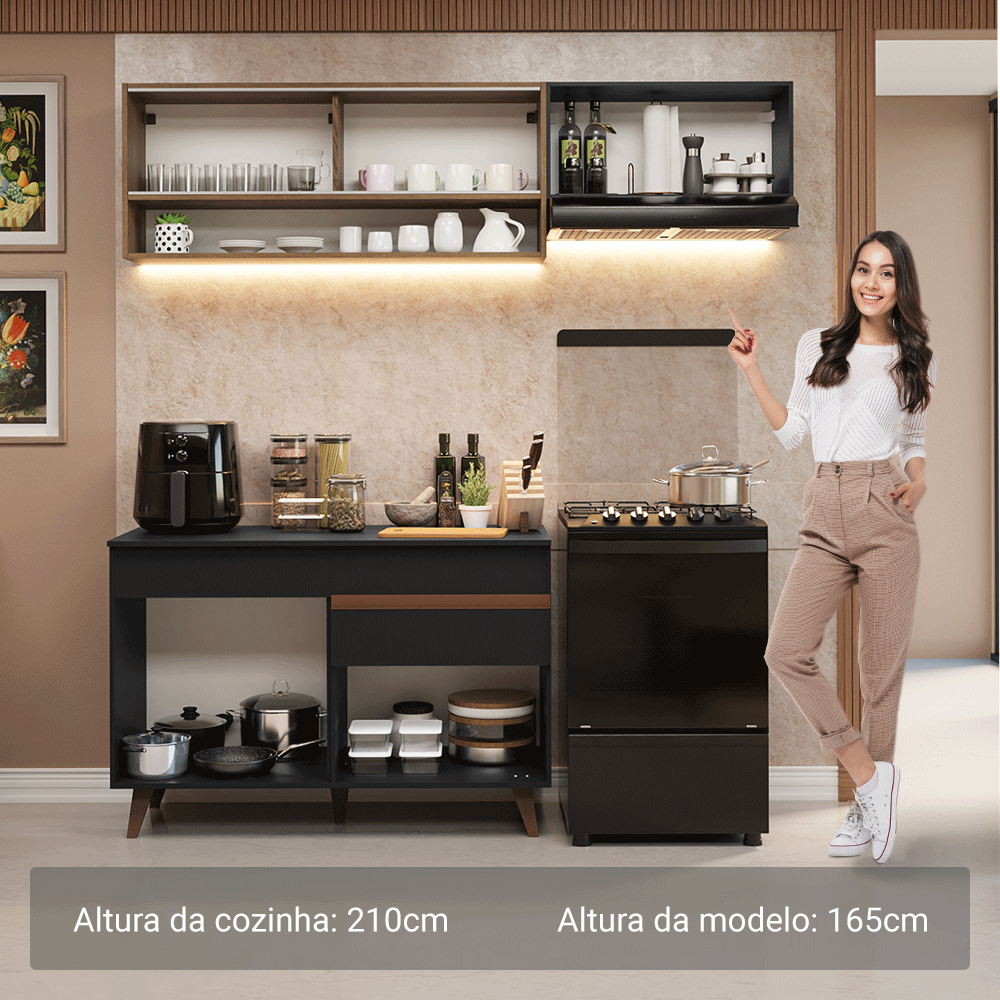 Armário de Cozinha Compacta 190cm Preto/Rustic Reims Madesa 06