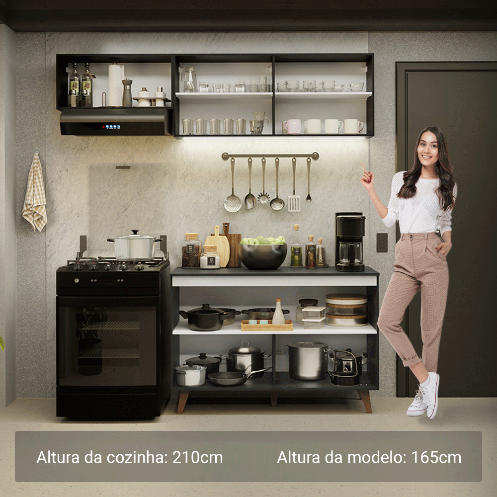 Armário de Cozinha Compacta 190cm Preto Reims Madesa 08