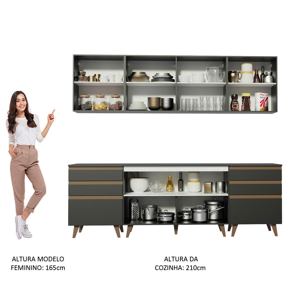 Armário de Cozinha Completa 240cm Preto/Rustic Reims Madesa 02
