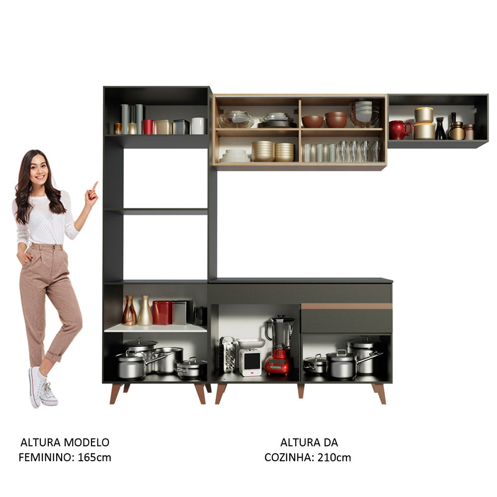 Armário de Cozinha Completa 260cm Preto/Rustic Reims Madesa 01