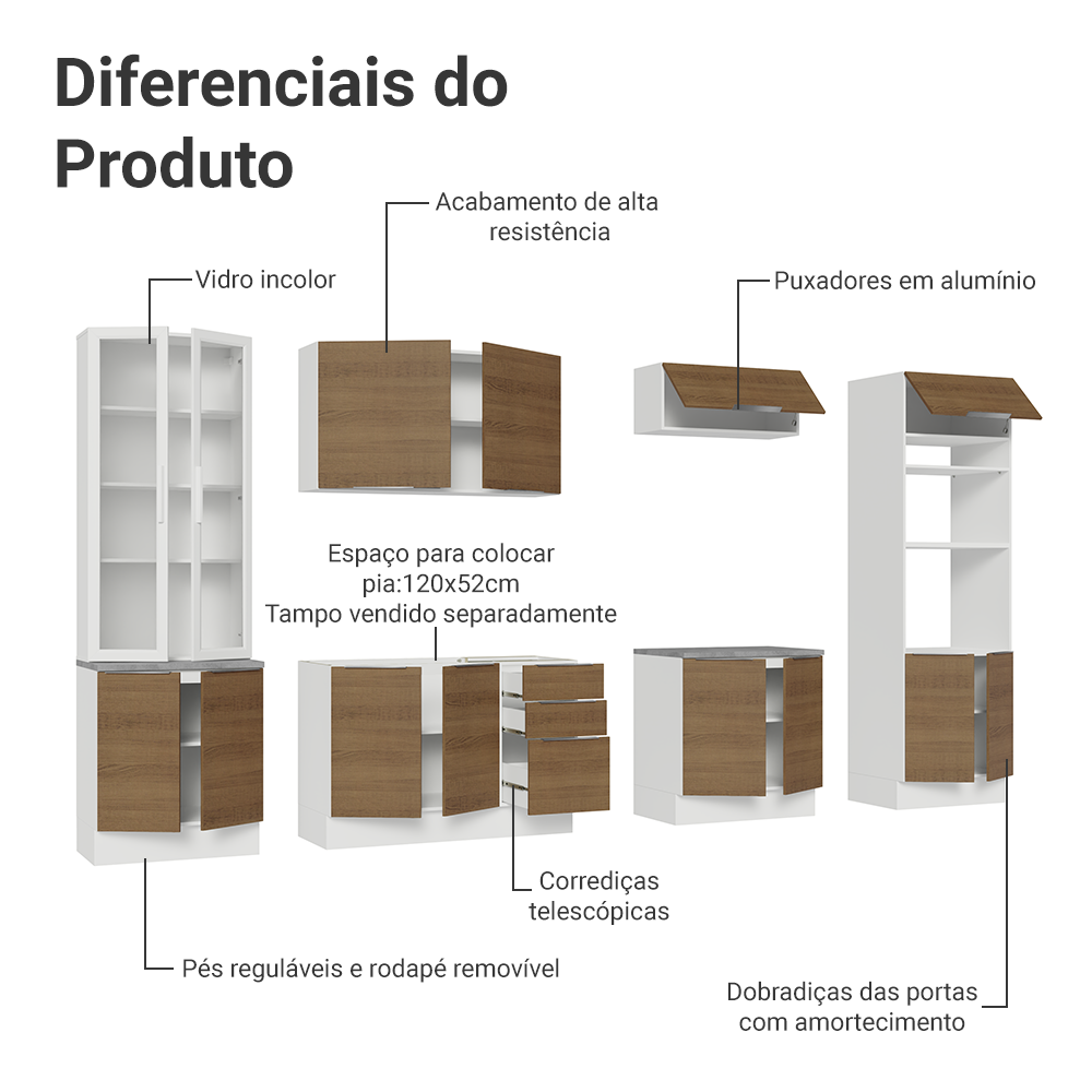 Armário de Cozinha Completa 340cm Branco/Rustic Stella Madesa 01