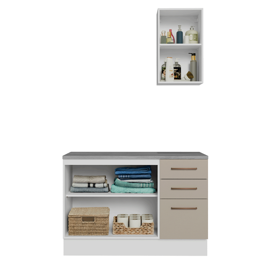 Conjunto Gabinete para Banheiro 120cm 3 Portas 3 Gavetas Branco/Crema Agata Madesa 01
