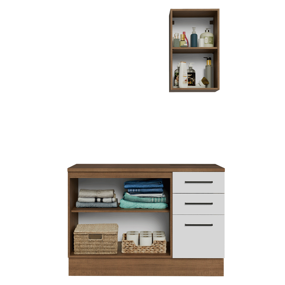 Conjunto Gabinete para Banheiro 120cm 3 Portas 3 Gavetas Rustic/Branco Agata Madesa 01
