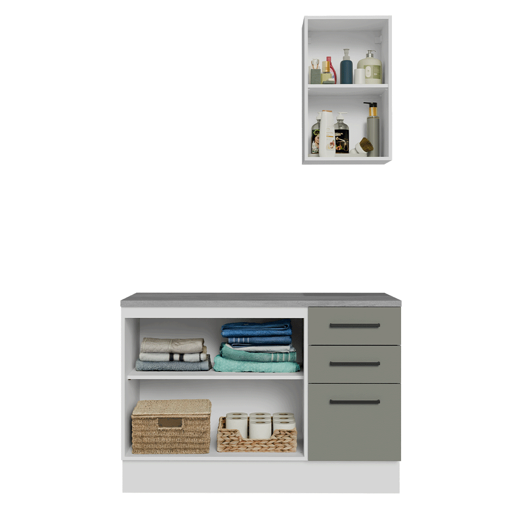 Conjunto Gabinete para Banheiro 120cm 3 Portas 3 Gavetas Branco/Cinza Agata Madesa 01