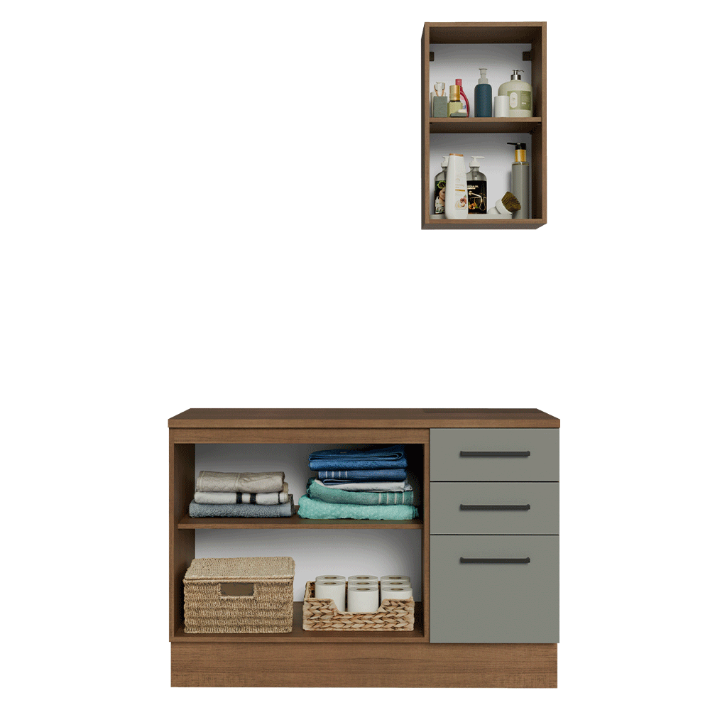 Conjunto Gabinete para Banheiro 120cm 3 Portas 3 Gavetas Rustic/Cinza Agata Madesa 01