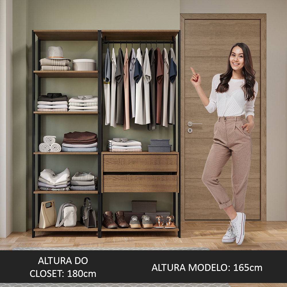 Guarda-Roupa Closet Modulado Valencia 2 Gavetas 129cm Rustic/Preto Madesa