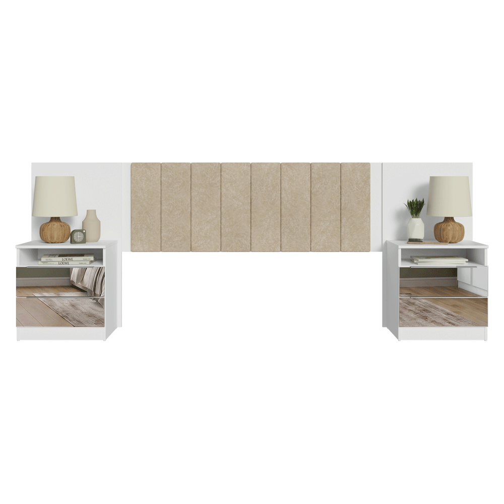 Cabeceira Extensível Estofada com 2 Mesas de Cabeceira Espelhadas Branco/Imperial Madesa