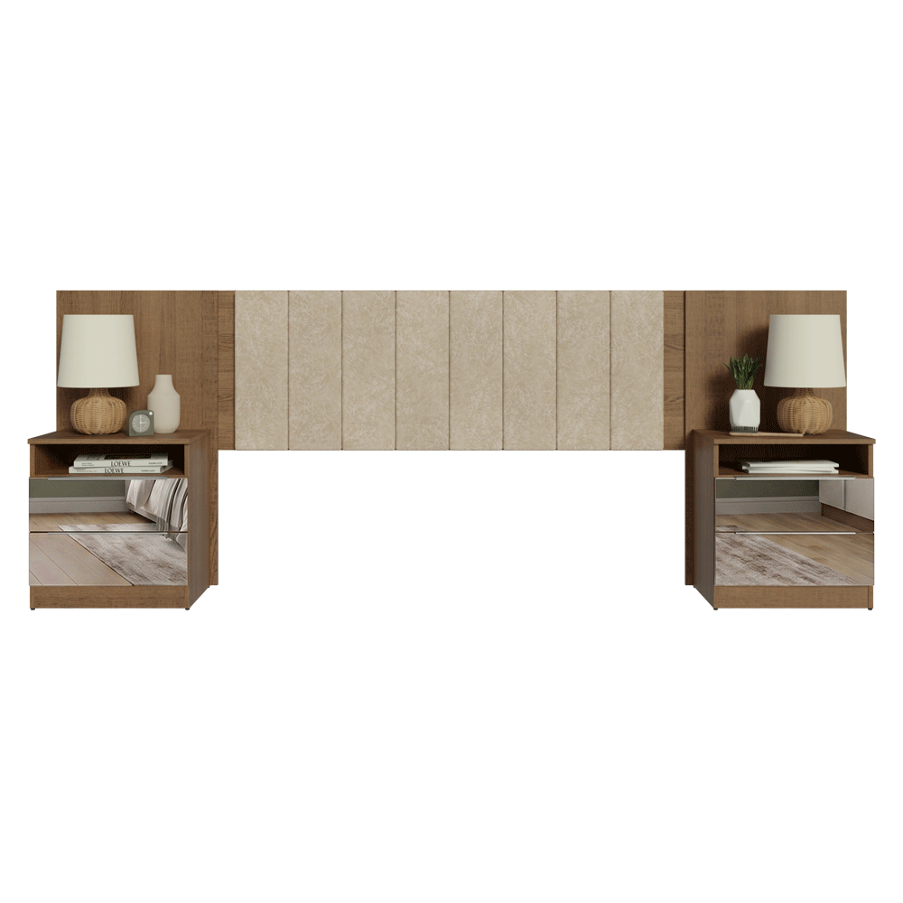 Cabeceira Extensível Estofada com 2 Mesas de Cabeceira Espelhadas Rustic/Imperial Madesa