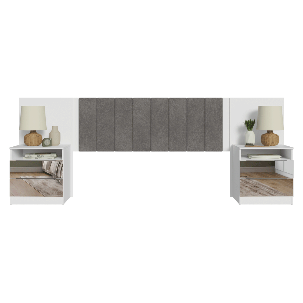 Cabeceira Extensível Estofada com 2 Mesas de Cabeceira Espelhadas Branco/Silver Madesa