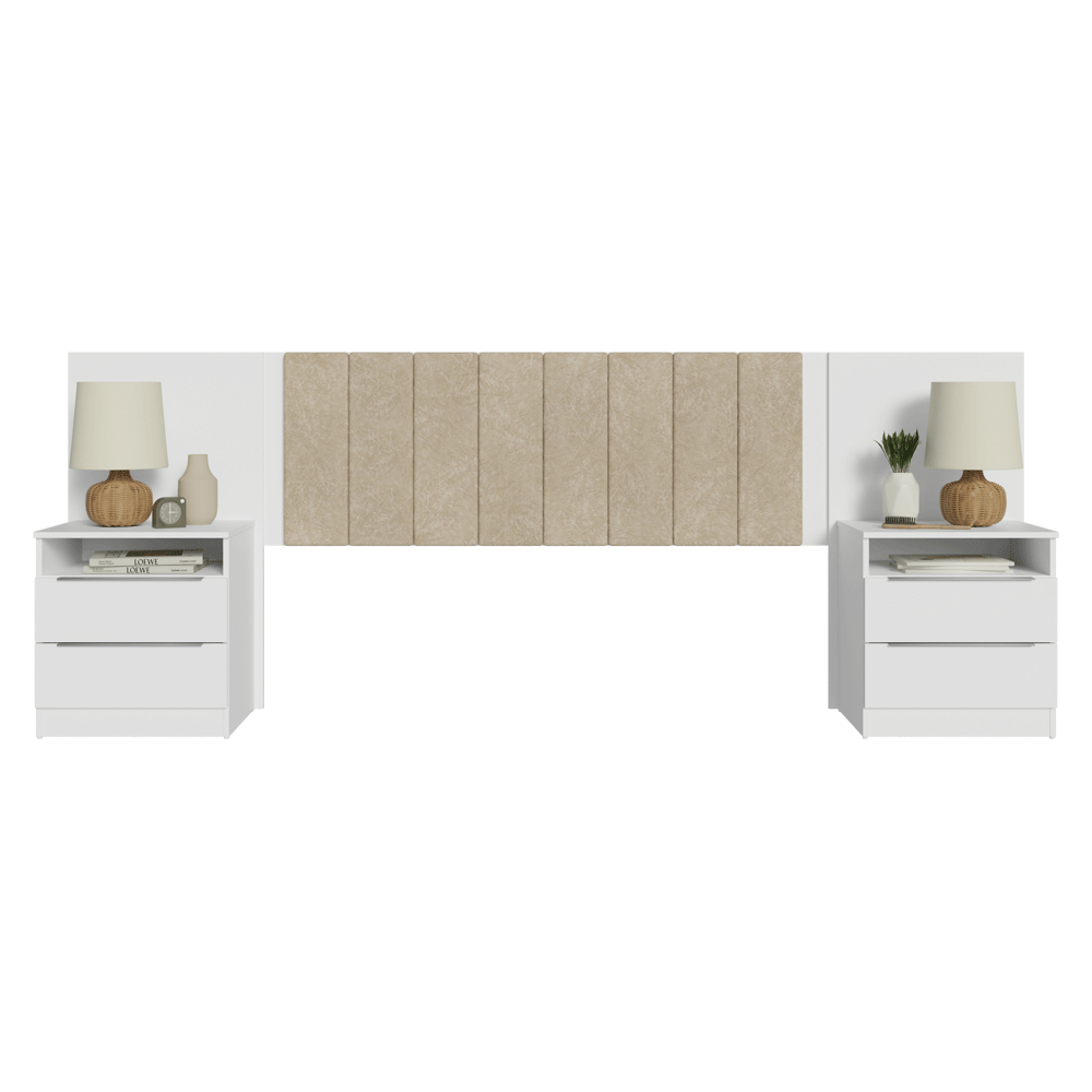 Cabeceira Extensível Estofada com 2 Mesas de Cabeceira Branco/Imperial Madesa