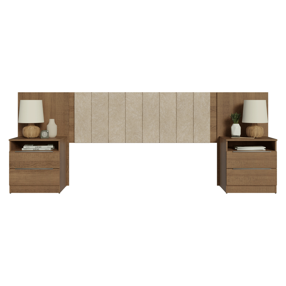 Cabeceira Extensível Estofada com 2 Mesas de Cabeceira Rustic/Imperial Madesa