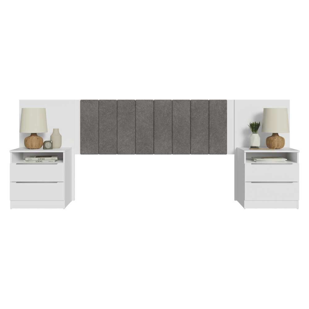 Cabeceira Extensível Estofada com 2 Mesas de Cabeceira Branco/Silver Madesa