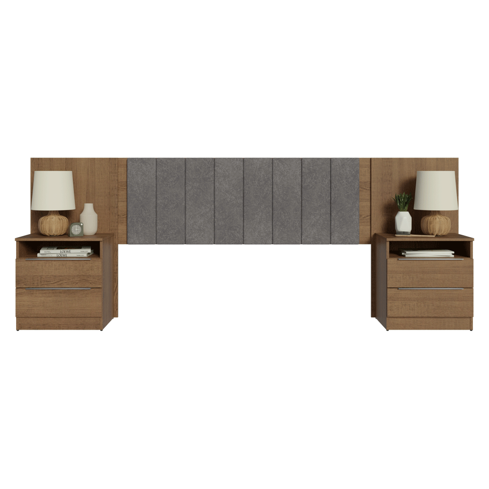 Cabeceira Extensível Estofada com 2 Mesas de Cabeceira Rustic/Silver Madesa