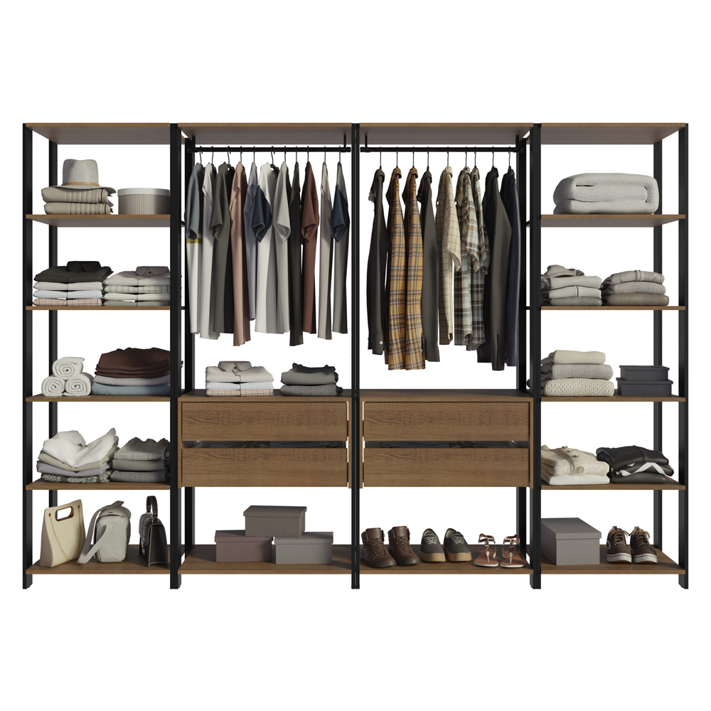 Guarda-Roupa Closet Modulado 4 Gavetas 258cm Rustic/Preto Madesa 01 Valencia