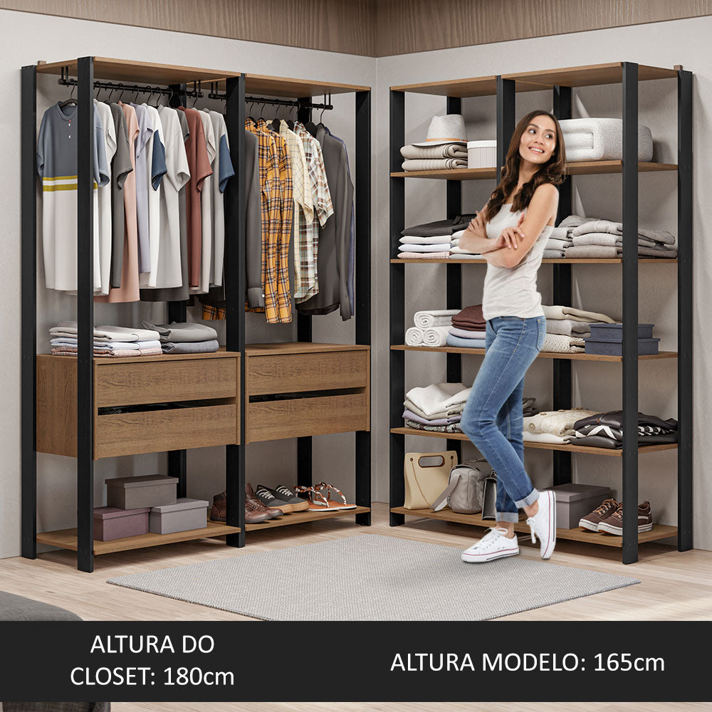 Guarda-Roupa Closet Modulado 4 Gavetas 258 cm Rustic/Preto Valencia Madesa 03