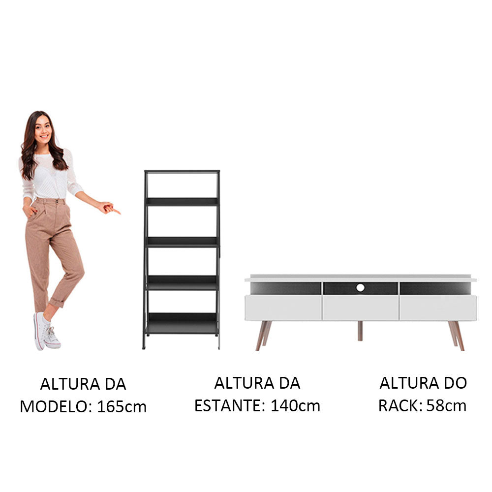 Rack para TV até 65 Polegadas Madesa Londres e Estante Escada Branco/Preto