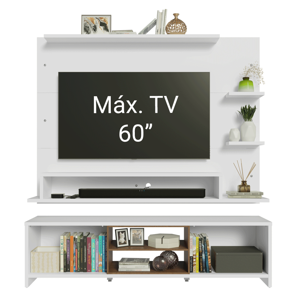 Rack com Painel para TV até 60 Polegadas 180 cm Branco/Rustic Metz Madesa