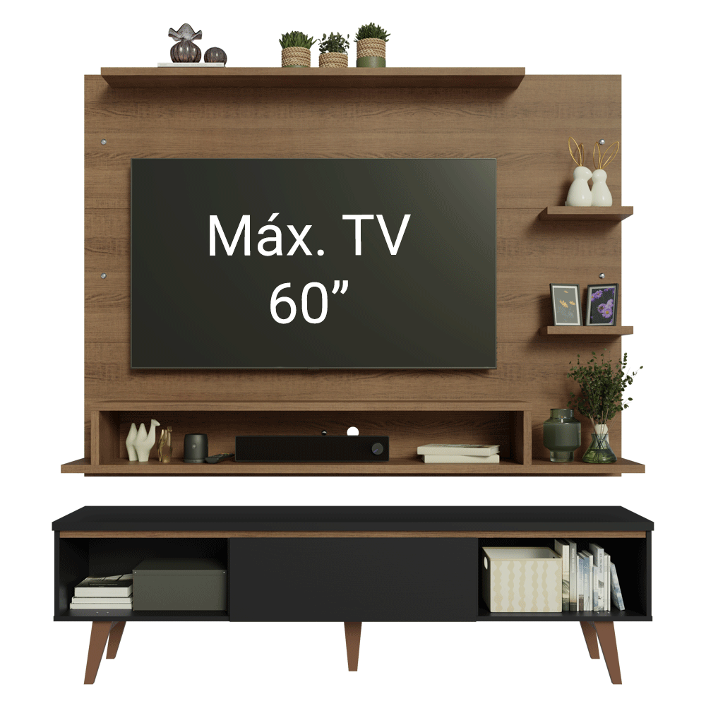 Rack com Painel para TV até 60 Polegadas 180 cm com Pés Rustic/Preto/Rustic Reims Madesa