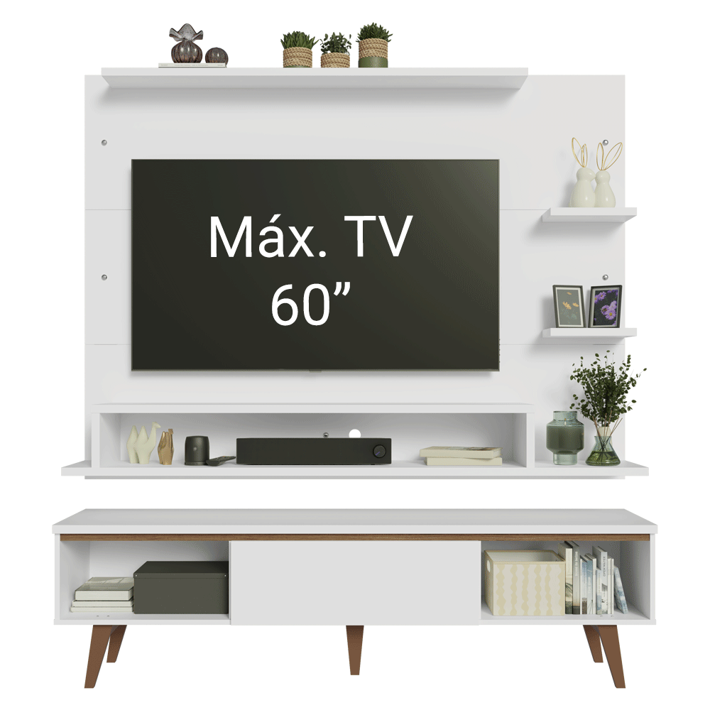Rack com Painel para TV até 60 Polegadas 180 cm com Pés Branco/Rustic Reims Madesa