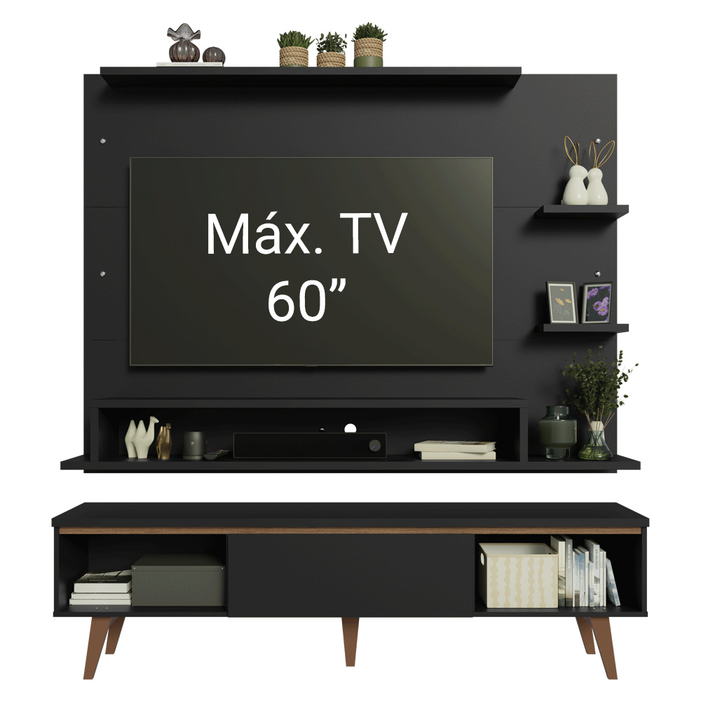 Rack com Painel para TV até 60 Polegadas 180 cm com Pés Preto/Rustic Reims Madesa