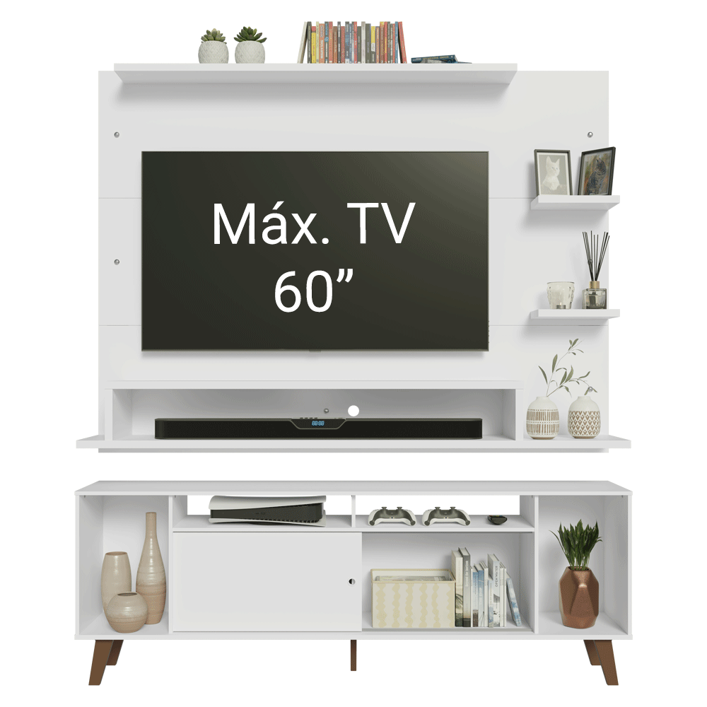 Rack com Painel para TV até 60 Polegadas 180 cm com Pés Branco/Rustic Cancun Madesa