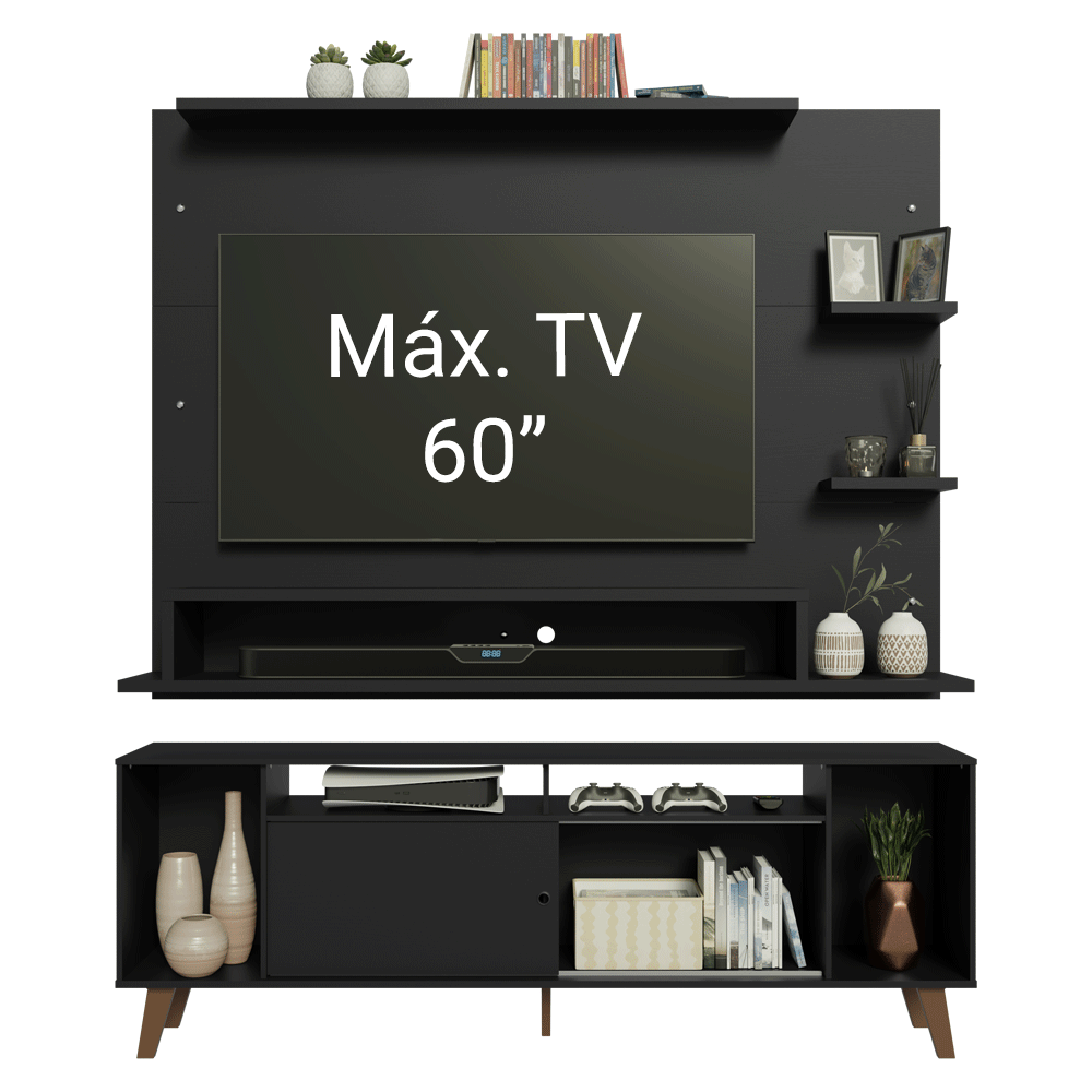 Rack com Painel para TV até 60 Polegadas 180 cm com Pés Preto/Rustic Cancun Madesa