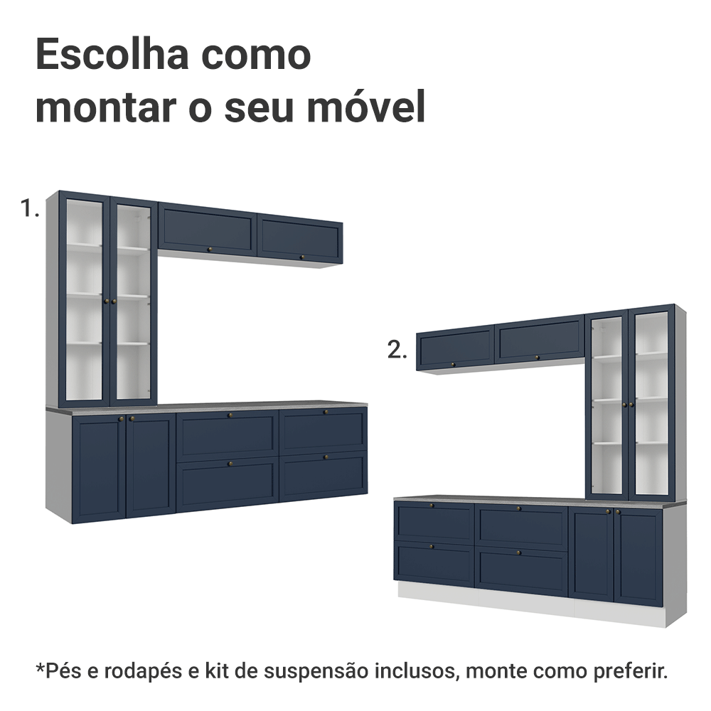 Estante Sala de Estar com Rack + Cristaleira 230cm Branco/Azul Vik Madesa 01