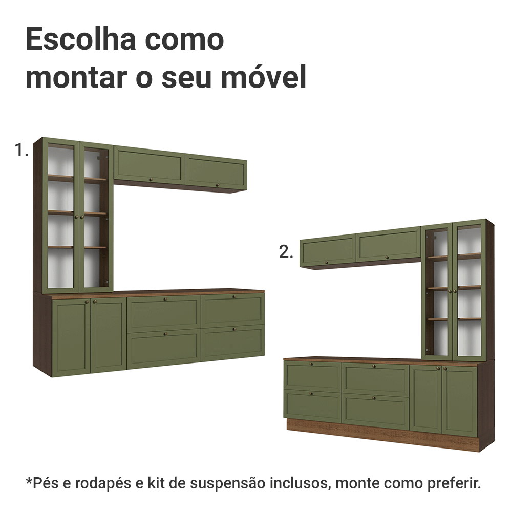 Estante Sala de Estar com Rack + Cristaleira 230cm Rustic/Verde Vik Madesa 01