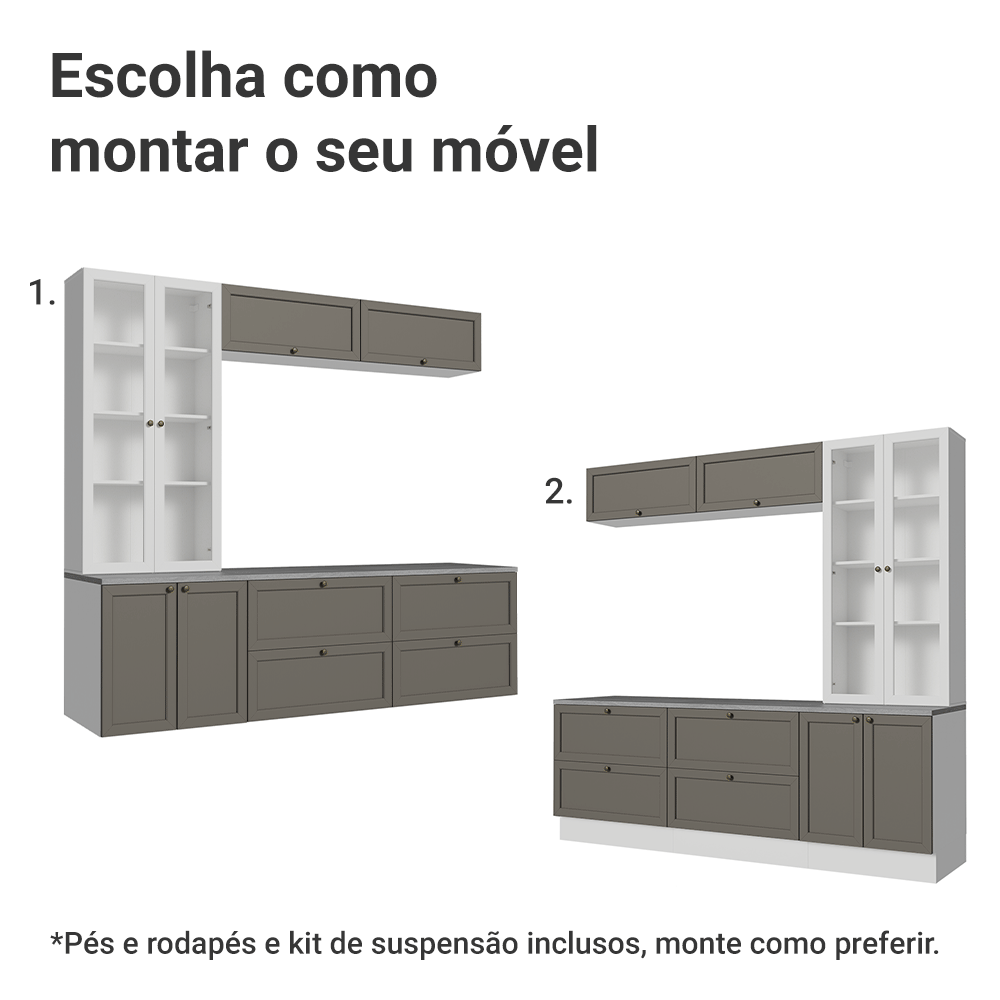 Estante Sala de Estar com Rack + Cristaleira 230cm Branco/Cinza/Branco Vik Madesa 01