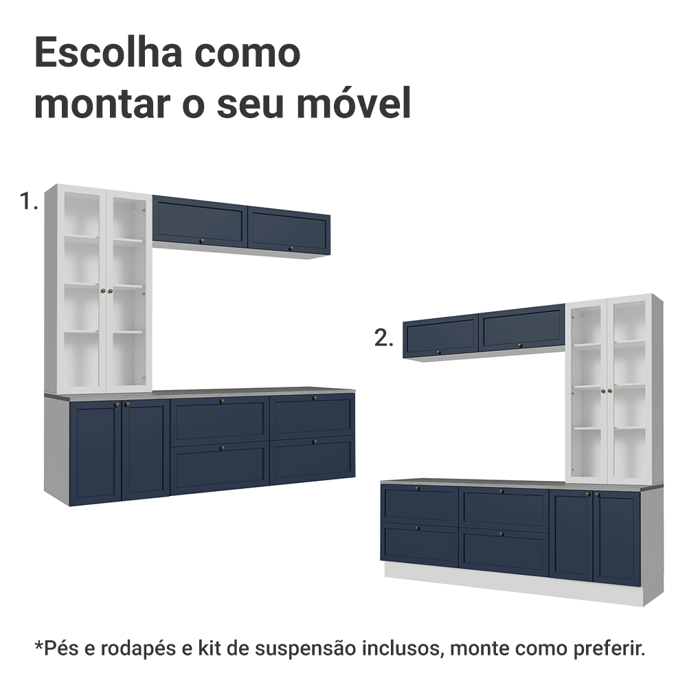 Estante Sala de Estar com Rack + Cristaleira 230cm Branco/Azul/Branco Vik Madesa 01