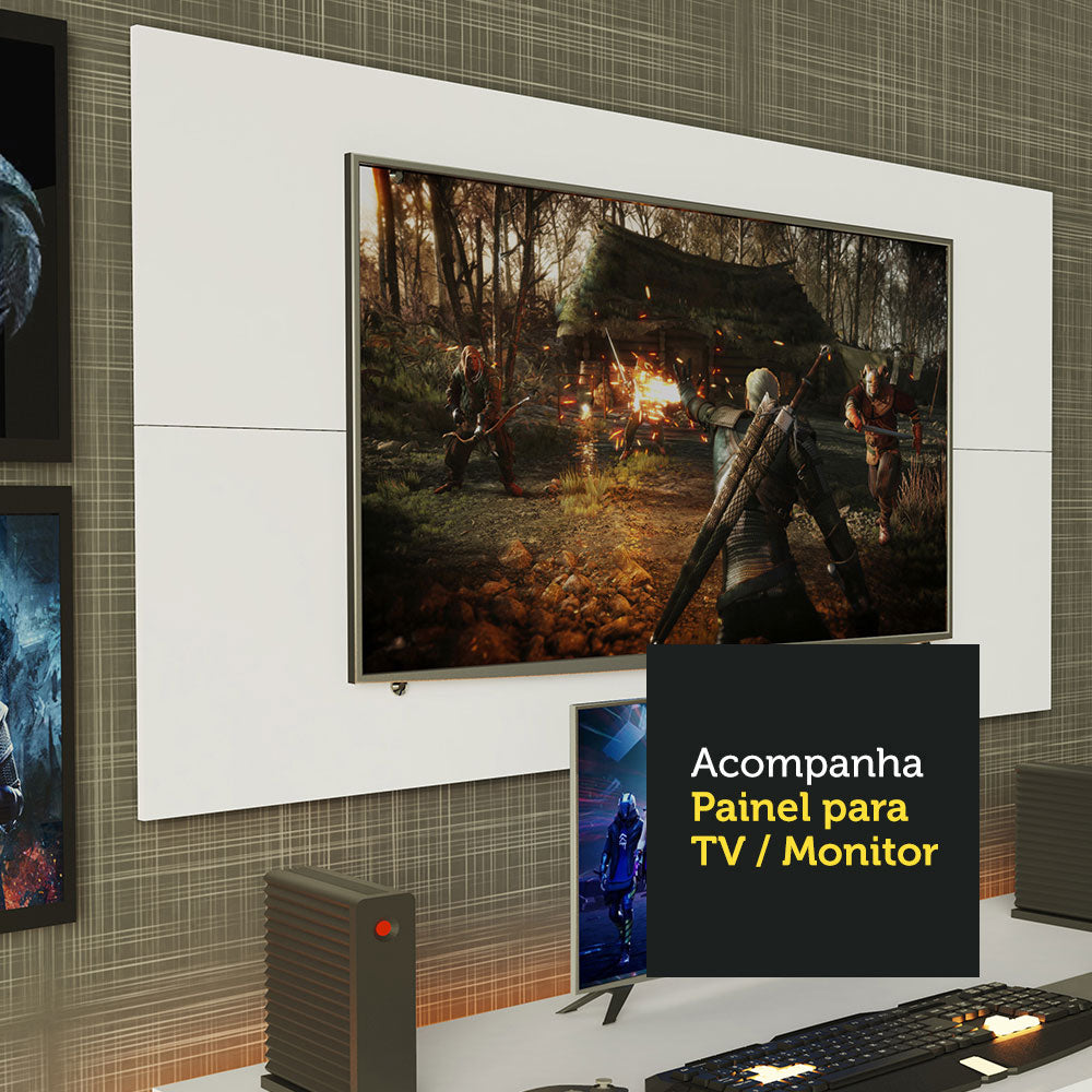 Mesa para Computador Gamer Madesa 9409 e Painel para TV até 50 Polegadas Branco