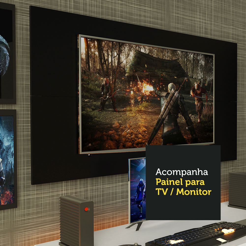 Mesa para Computador Gamer Madesa 9409 e Painel para TV até 50 Polegadas Branco/Preto