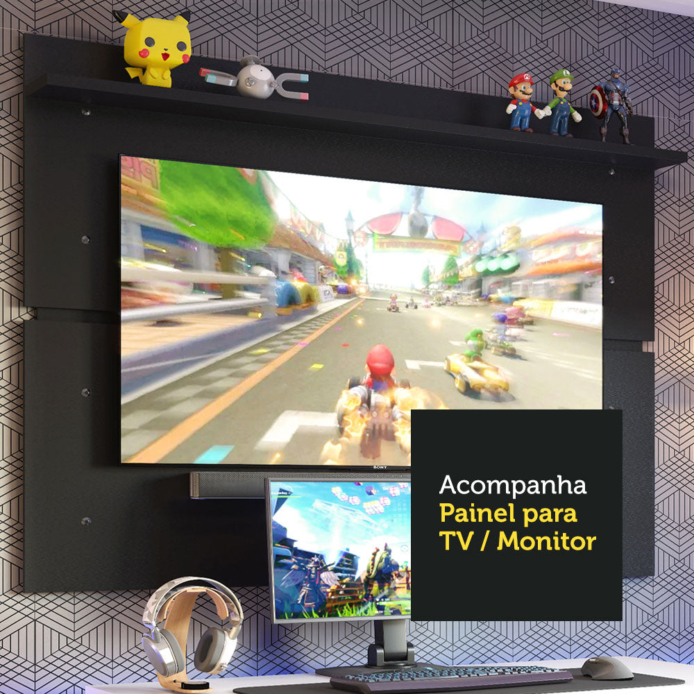 Mesa para Computador Gamer Madesa 9409 e Painel para TV até 65 Polegadas Branco/Preto