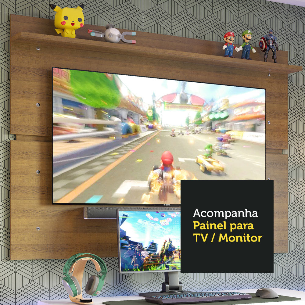 Mesa para Computador Gamer Madesa 9409 e Painel para TV até 65 Polegadas Branco/Rustic