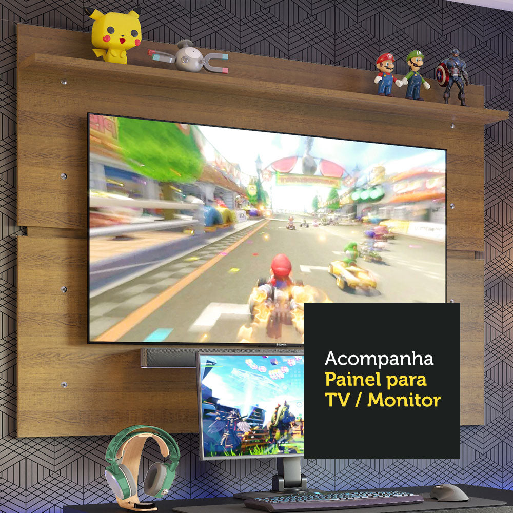 Mesa para Computador Gamer Madesa 9409 e Painel para TV até 65 Polegadas Preto/Rustic