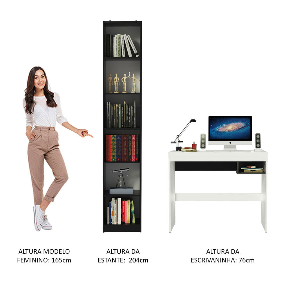 Escrivaninha Madesa Rubi + Estante Livreiro 6906 Branco/Preto