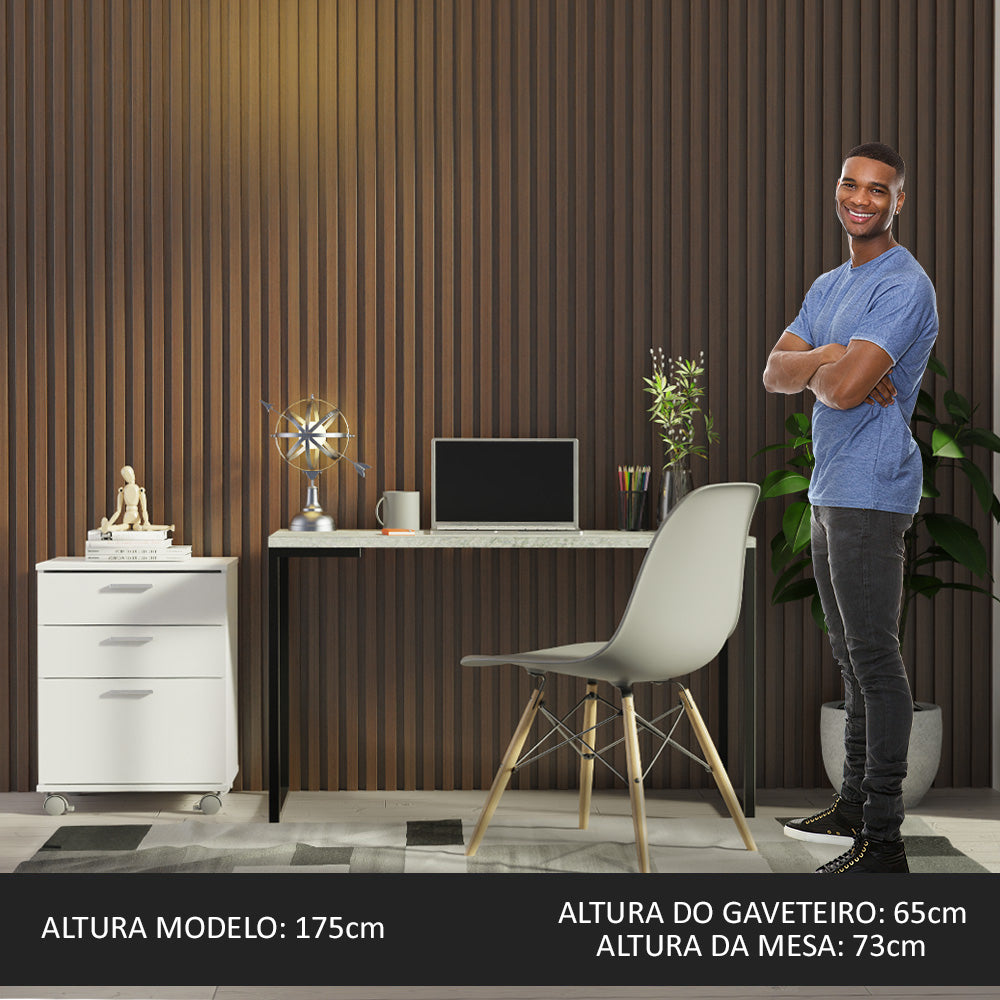 Conjunto Escritório Home Office com Mesa Industrial + Gaveteiro Branco/Cinza Madesa